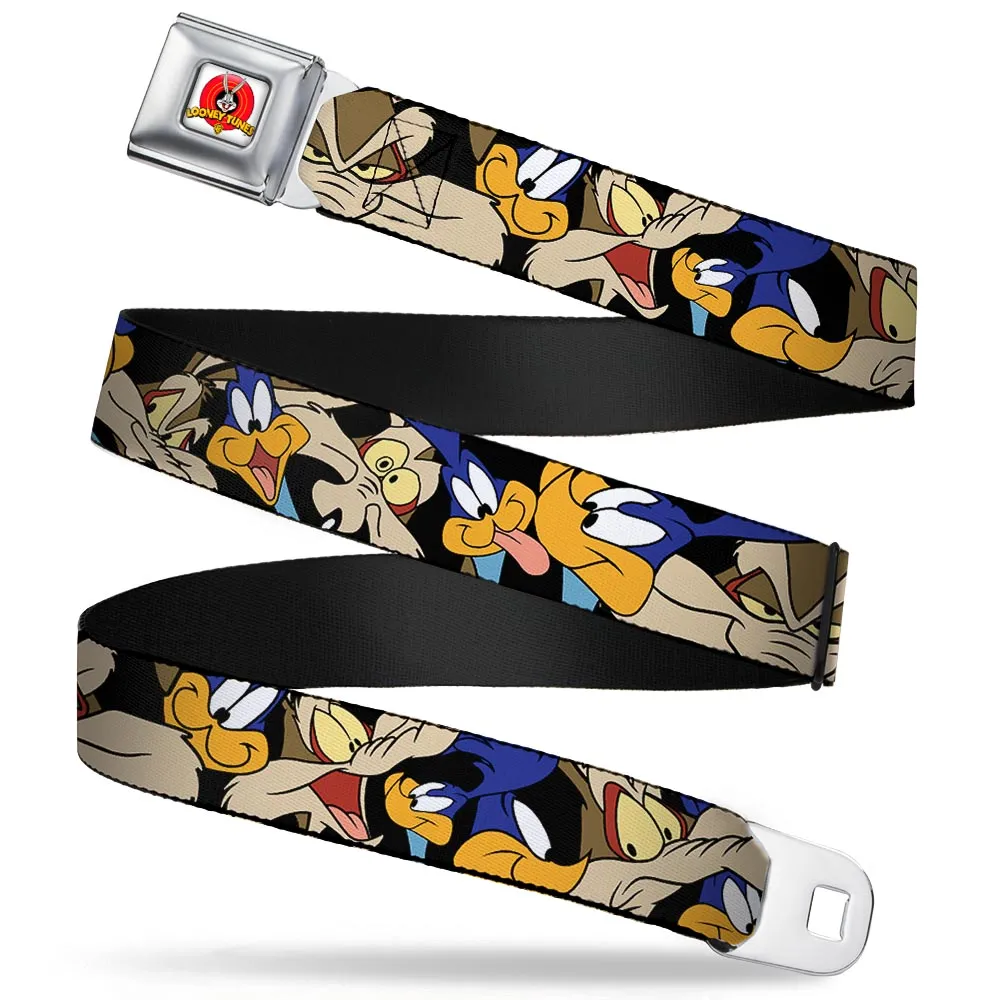 Looney Tunes Logo Full Color White Seatbelt Belt - Road Runner/Wile E. Coyote Expressions Stacked Black Webbing