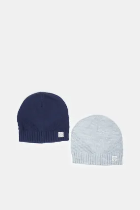 Men Navy And Grey Knitted Cap Set (Pack of 2)