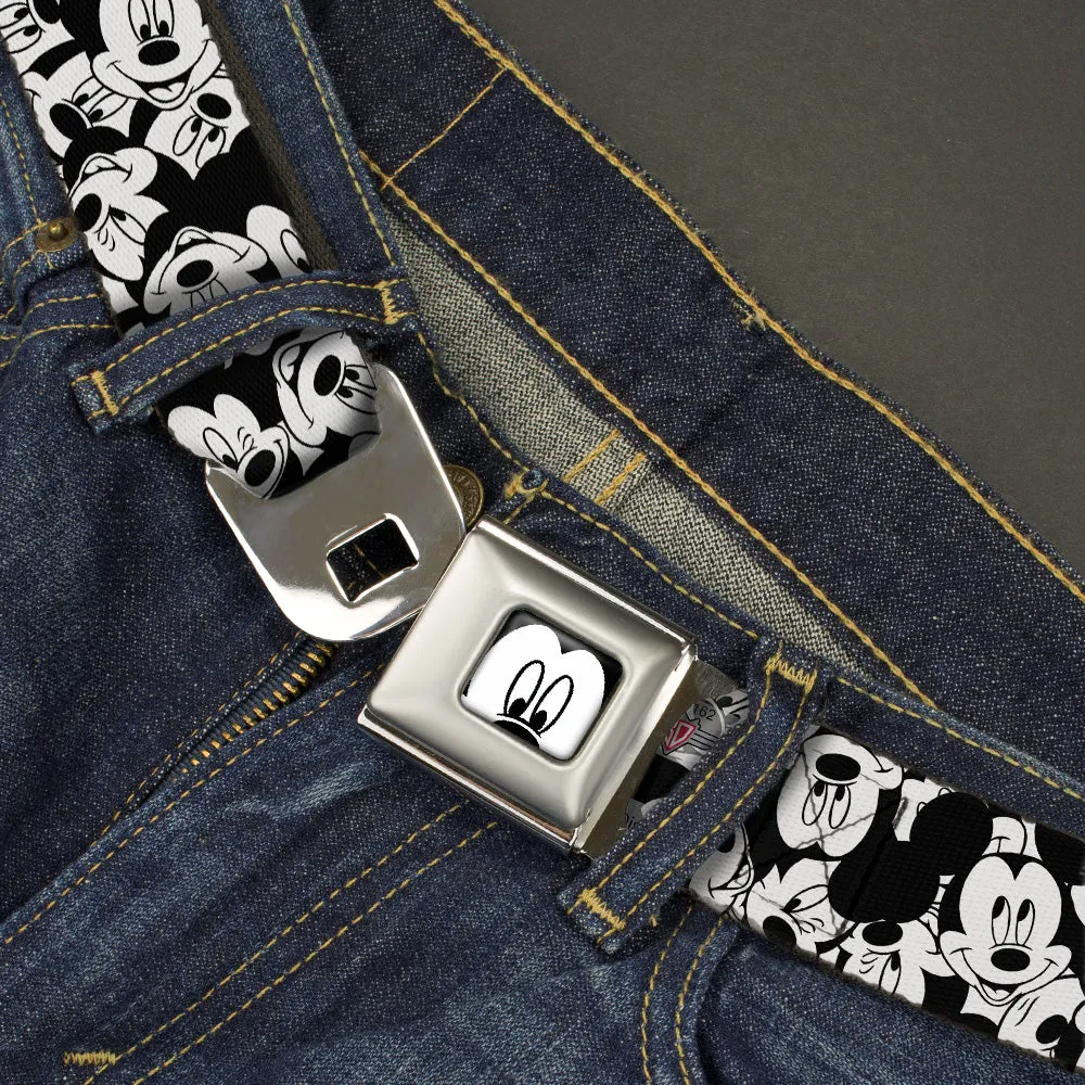 Mickey Mouse Face CLOSE-UP Full Color White Black Seatbelt Belt - Mickey Mouse Expressions Stacked White/Black Webbing