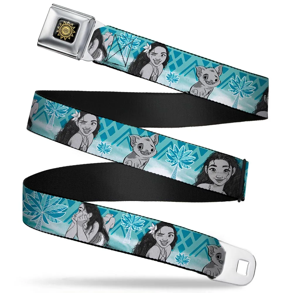 Moana Tribal Sun Full Color Black Yellows Seatbelt Belt - Moana 3-Poses & Pua Pig Sketches/Palm Trees Tribal Turquoises/White/Grays Webbing