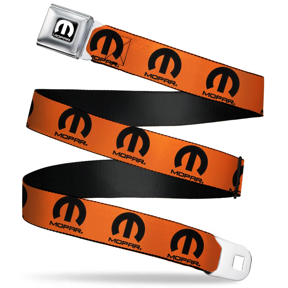 MOPAR Logo Full Color Black/White Seatbelt Belt - MOPAR Logo Repeat Orange/Black Webbing