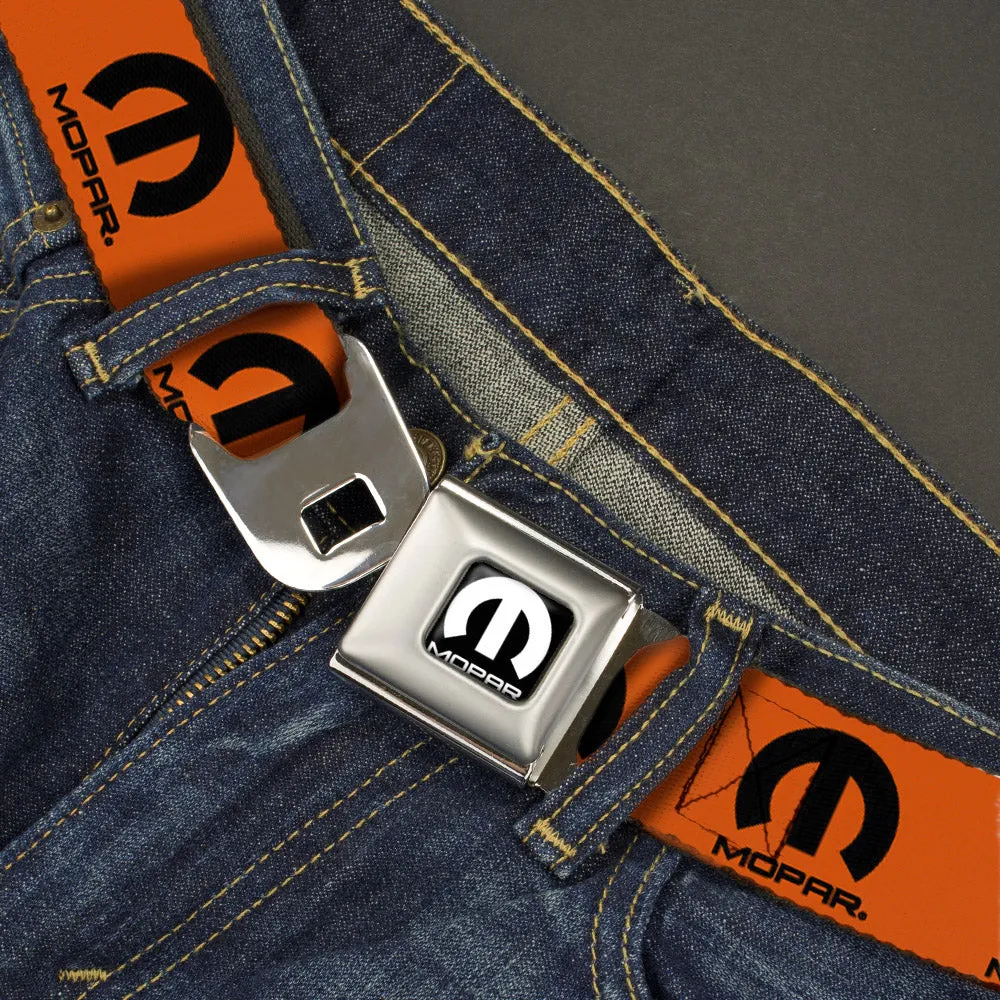 MOPAR Logo Full Color Black/White Seatbelt Belt - MOPAR Logo Repeat Orange/Black Webbing