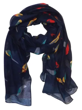 Navy Peach Couture Cute Vintage Lightweight Graphic Finch Bird Print Scarf