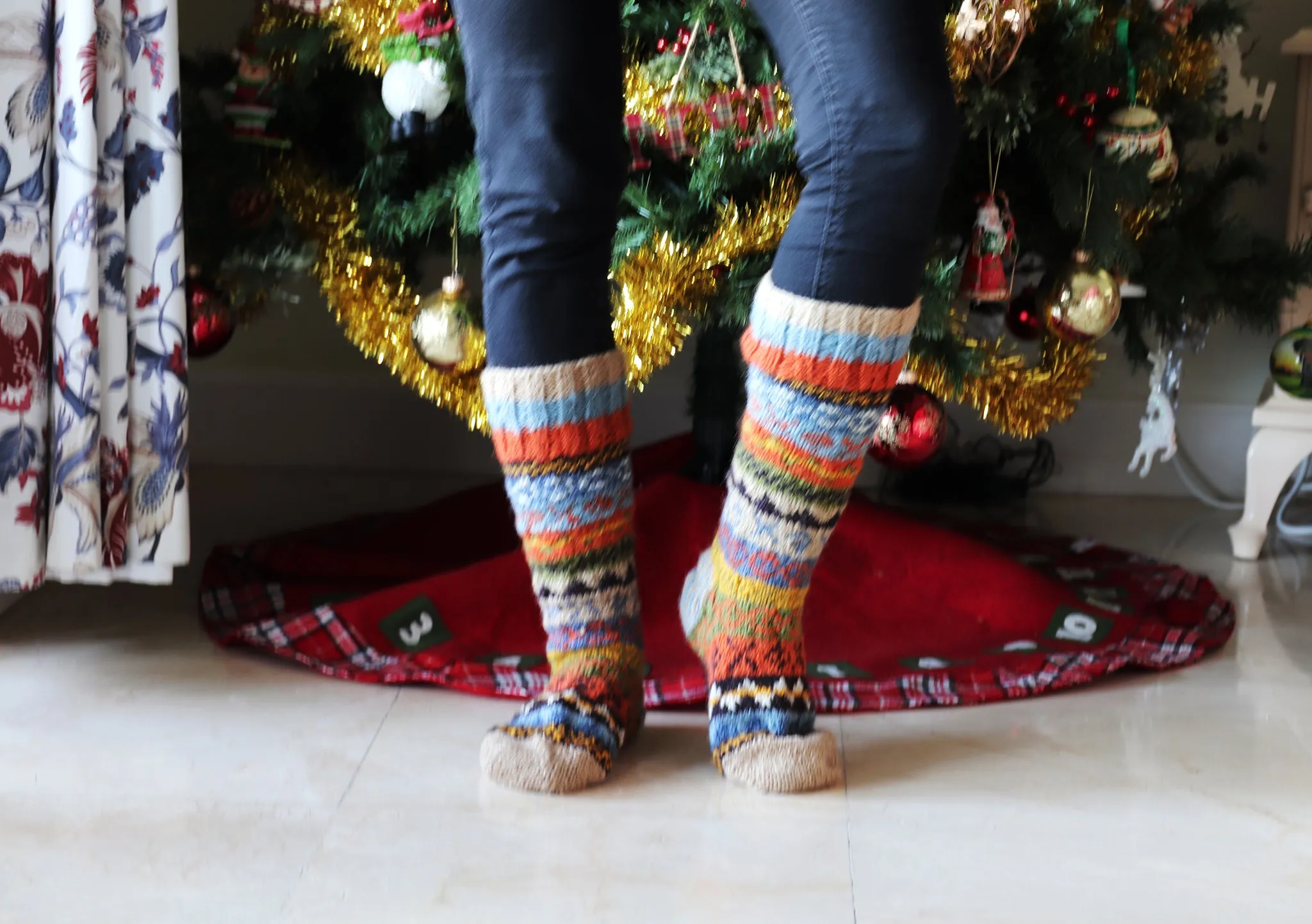 Orange and Green Multi-color Warm Woolen Knee High Socks