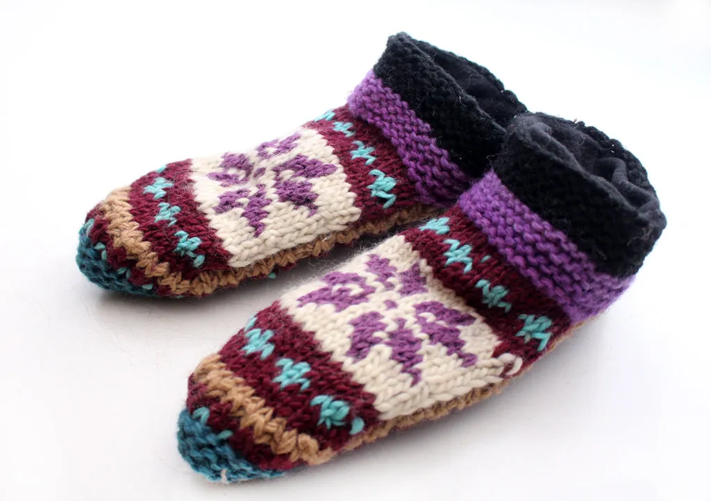 Purple Snow Flakes Pattern Woolen Multicolor Indoor Lined Socks