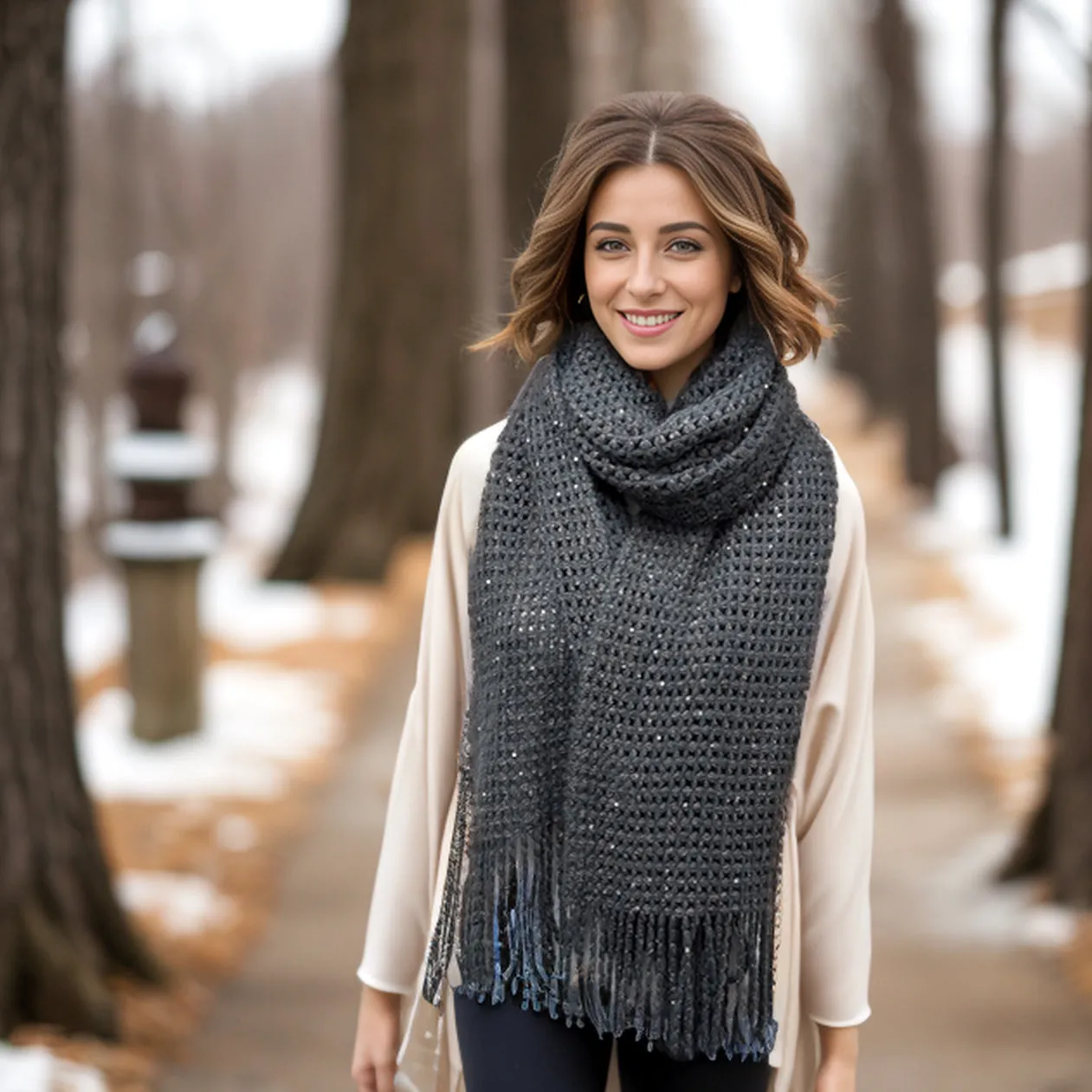 Rila - Knitted Long Scarf with Sequins - Dark Grey