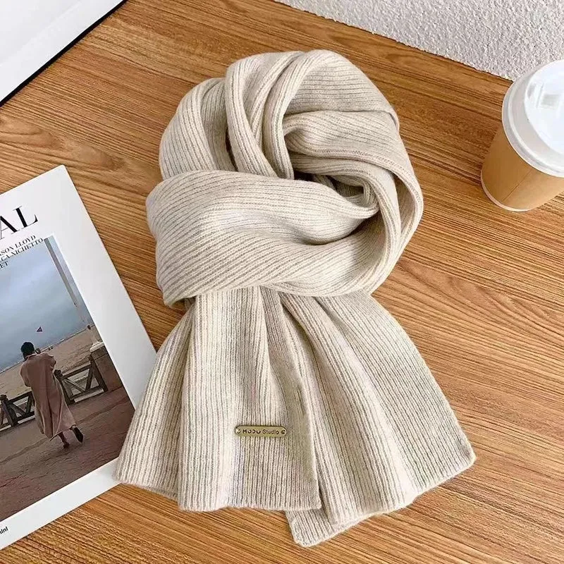 Scarf Women's Winter  New Wool Knitted Solid Color Small Scarf Trendy Korean Style Thickened Warm  Long Scarf