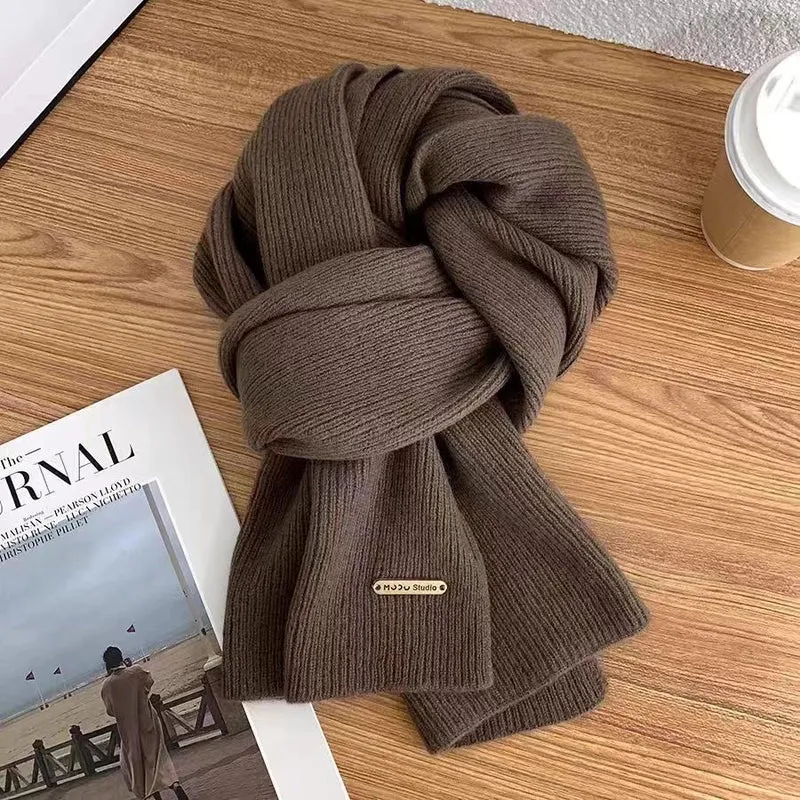 Scarf Women's Winter  New Wool Knitted Solid Color Small Scarf Trendy Korean Style Thickened Warm  Long Scarf