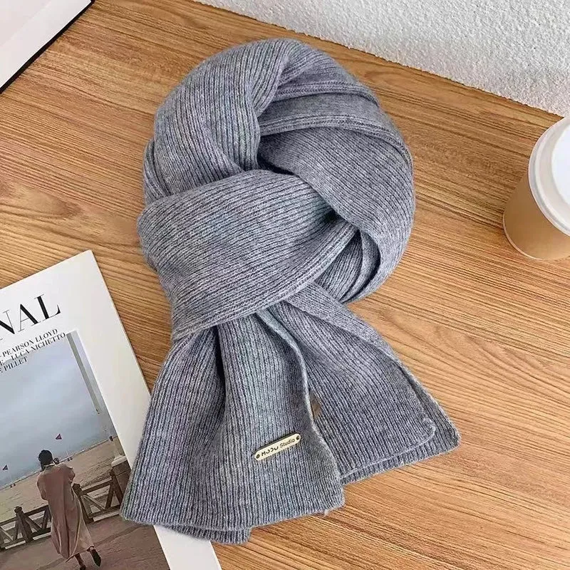 Scarf Women's Winter  New Wool Knitted Solid Color Small Scarf Trendy Korean Style Thickened Warm  Long Scarf