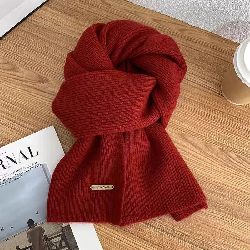 Scarf Women's Winter  New Wool Knitted Solid Color Small Scarf Trendy Korean Style Thickened Warm  Long Scarf