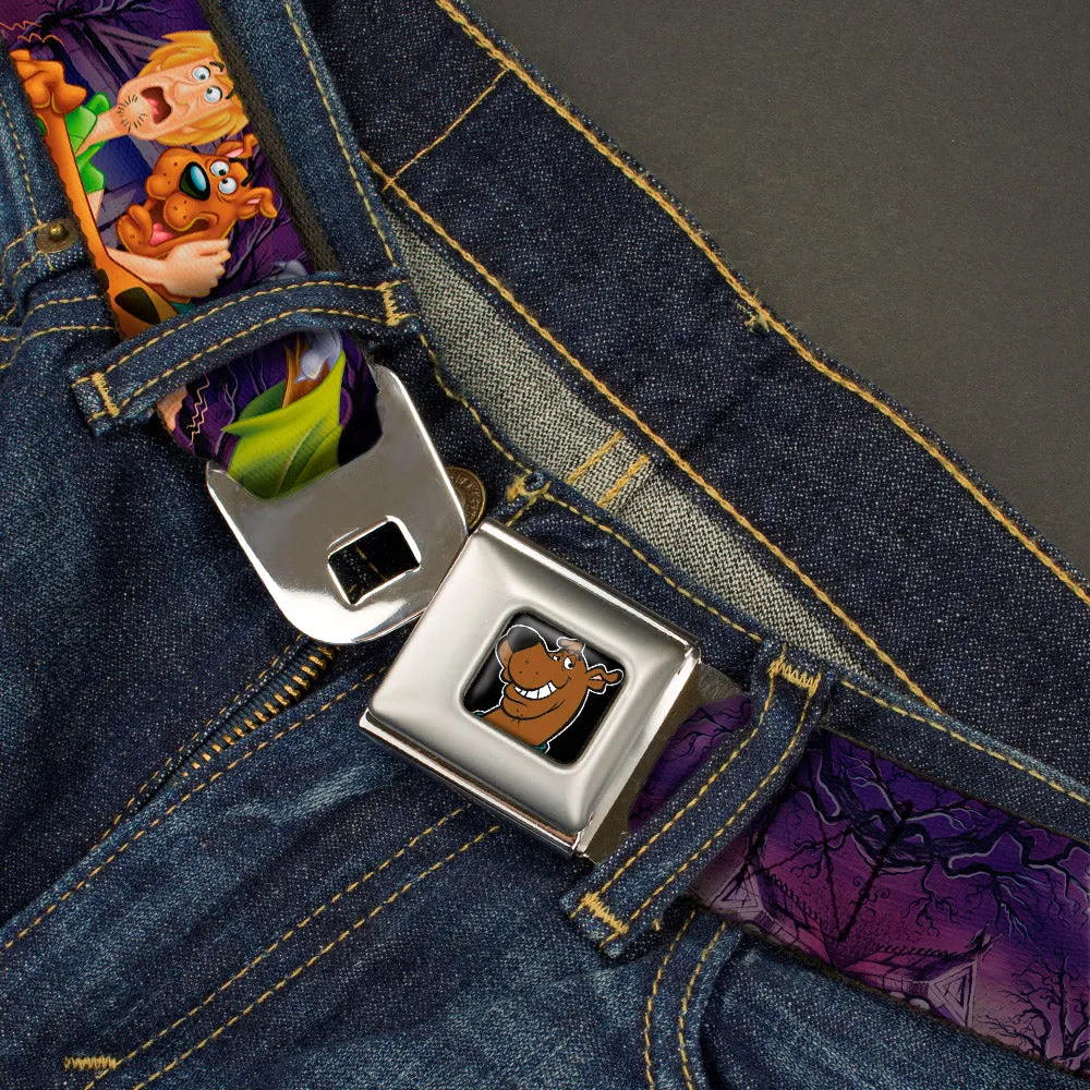 Scooby Doo Face Full Color Black Seatbelt Belt - Scooby & Shaggy Hugging w/Werewolf Man Purple Webbing