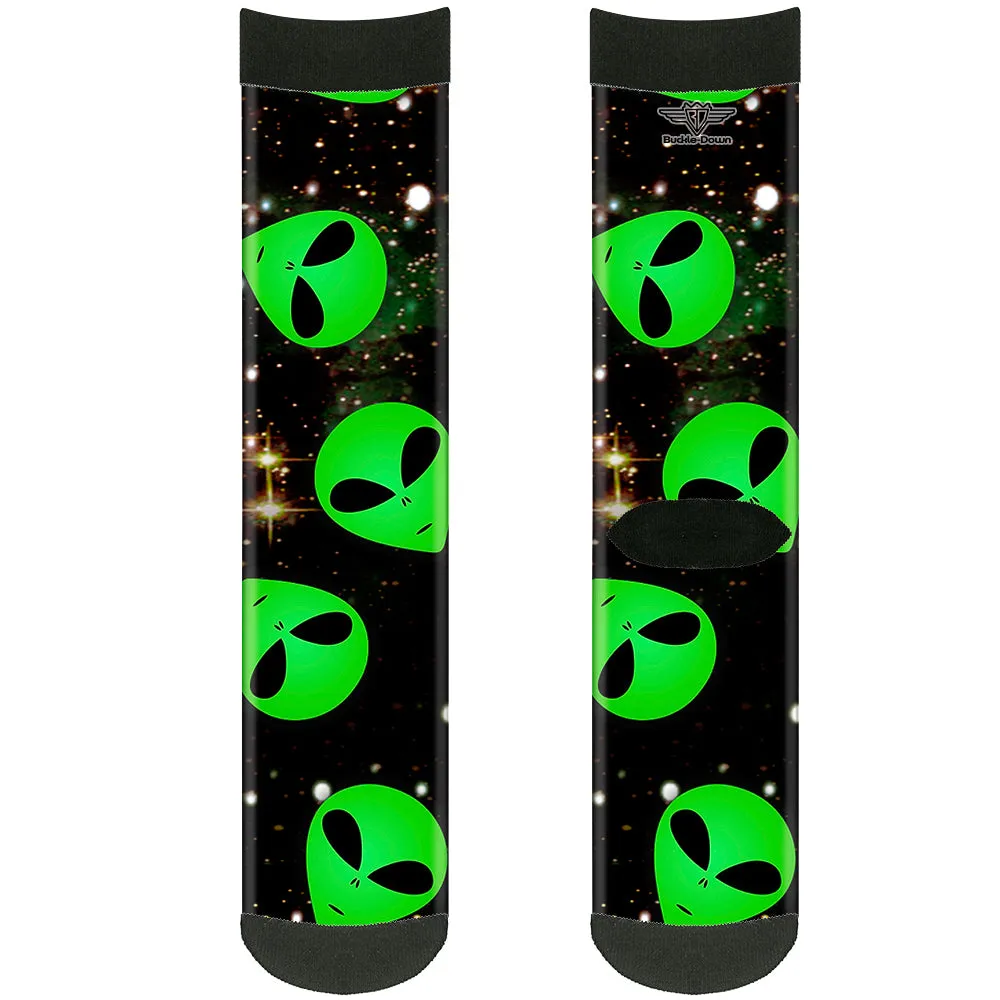 Sock Pair - Polyester - Aliens Head Scattered Galaxy2/Green/Black - CREW