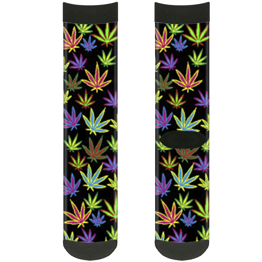 Sock Pair - Polyester - Multi Marijuana Leaves Black Multi Color - CREW