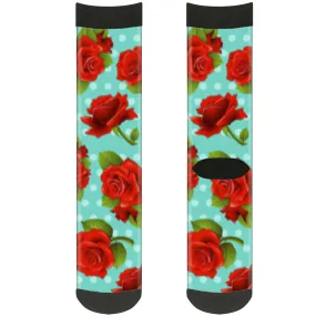 Sock Pair - Polyester - Red Roses Polka Dots Turquoise - CREW