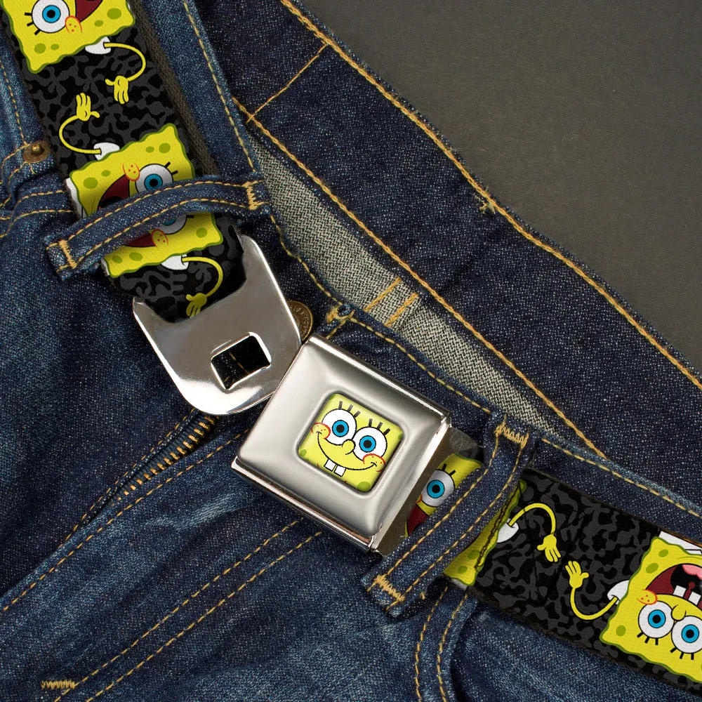 Sponge Bob Face CLOSE-UP Full Color Seatbelt Belt - SpongeBob Pose Flip/Camo Gray/Black Webbing