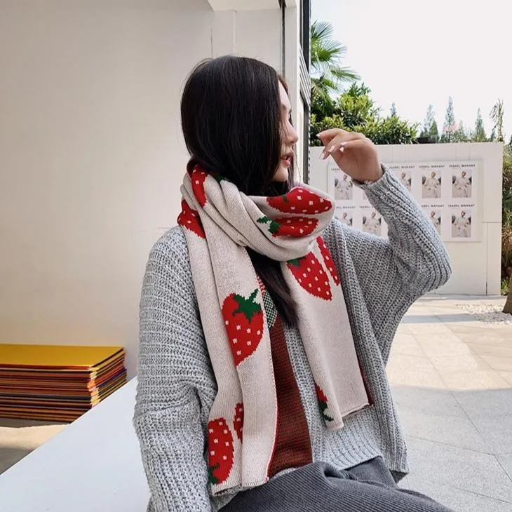 Strawberry Korean Style Autumn Winter Women's Scarf Scarves Long Big Soft Outdoor Warm Print Outdoor Shawl Wrap Fruit Food