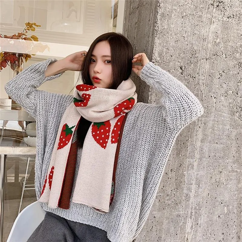 Strawberry Korean Style Autumn Winter Women's Scarf Scarves Long Big Soft Outdoor Warm Print Outdoor Shawl Wrap Fruit Food