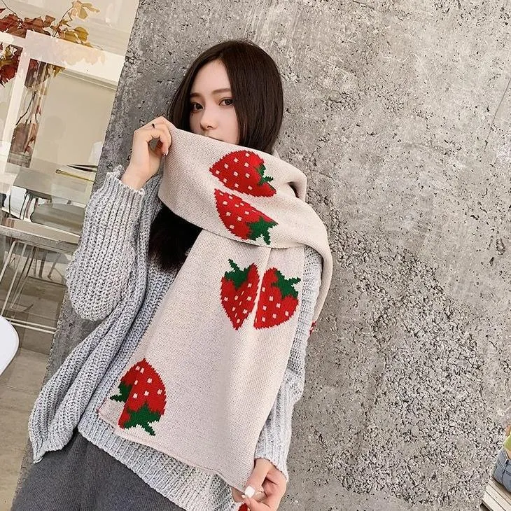 Strawberry Korean Style Autumn Winter Women's Scarf Scarves Long Big Soft Outdoor Warm Print Outdoor Shawl Wrap Fruit Food