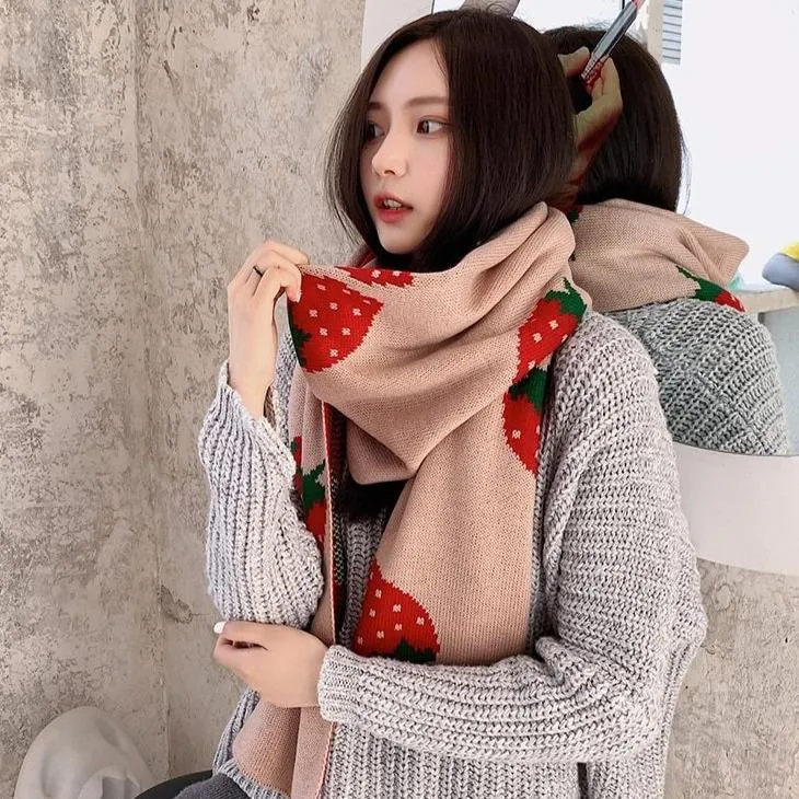 Strawberry Korean Style Autumn Winter Women's Scarf Scarves Long Big Soft Outdoor Warm Print Outdoor Shawl Wrap Fruit Food