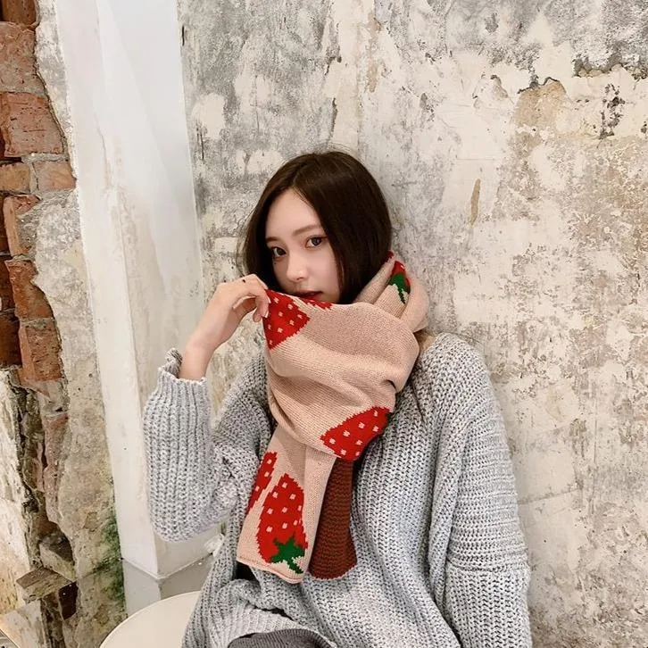 Strawberry Korean Style Autumn Winter Women's Scarf Scarves Long Big Soft Outdoor Warm Print Outdoor Shawl Wrap Fruit Food