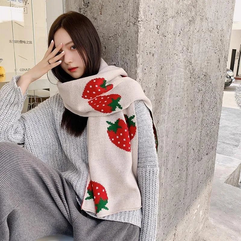 Strawberry Korean Style Autumn Winter Women's Scarf Scarves Long Big Soft Outdoor Warm Print Outdoor Shawl Wrap Fruit Food