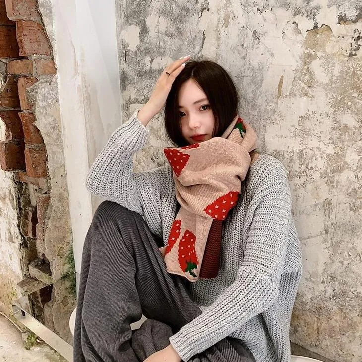 Strawberry Korean Style Autumn Winter Women's Scarf Scarves Long Big Soft Outdoor Warm Print Outdoor Shawl Wrap Fruit Food