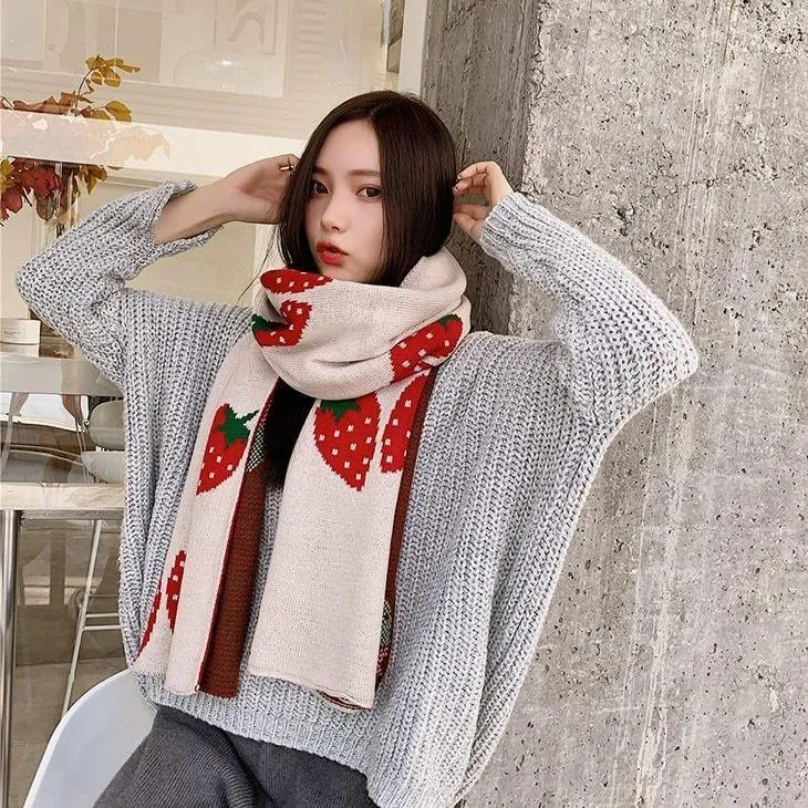 Strawberry Korean Style Autumn Winter Women's Scarf Scarves Long Big Soft Outdoor Warm Print Outdoor Shawl Wrap Fruit Food