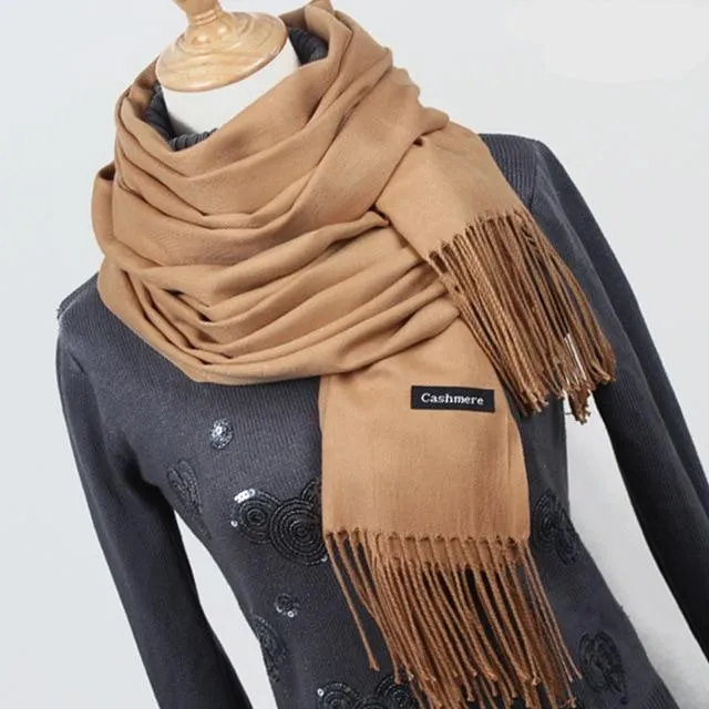 Women solid color cashmere scarves with tassel