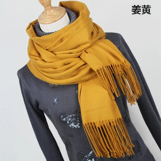 Women solid color cashmere scarves with tassel